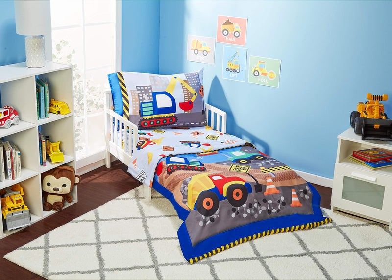 EVERYDAY KIDS مجموعة سرير الأطفال اليومية 4 قطع - تحت الإنشاء - تشمل لحاف، شريحة مسطحة، شريحة ملائمة وغطاء وسادة قابل للعكس - Image 1